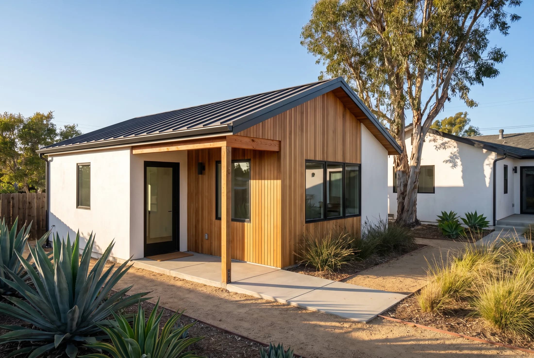 Detached accessory dwelling unit with cedar siding and a metal roof in Poway, California