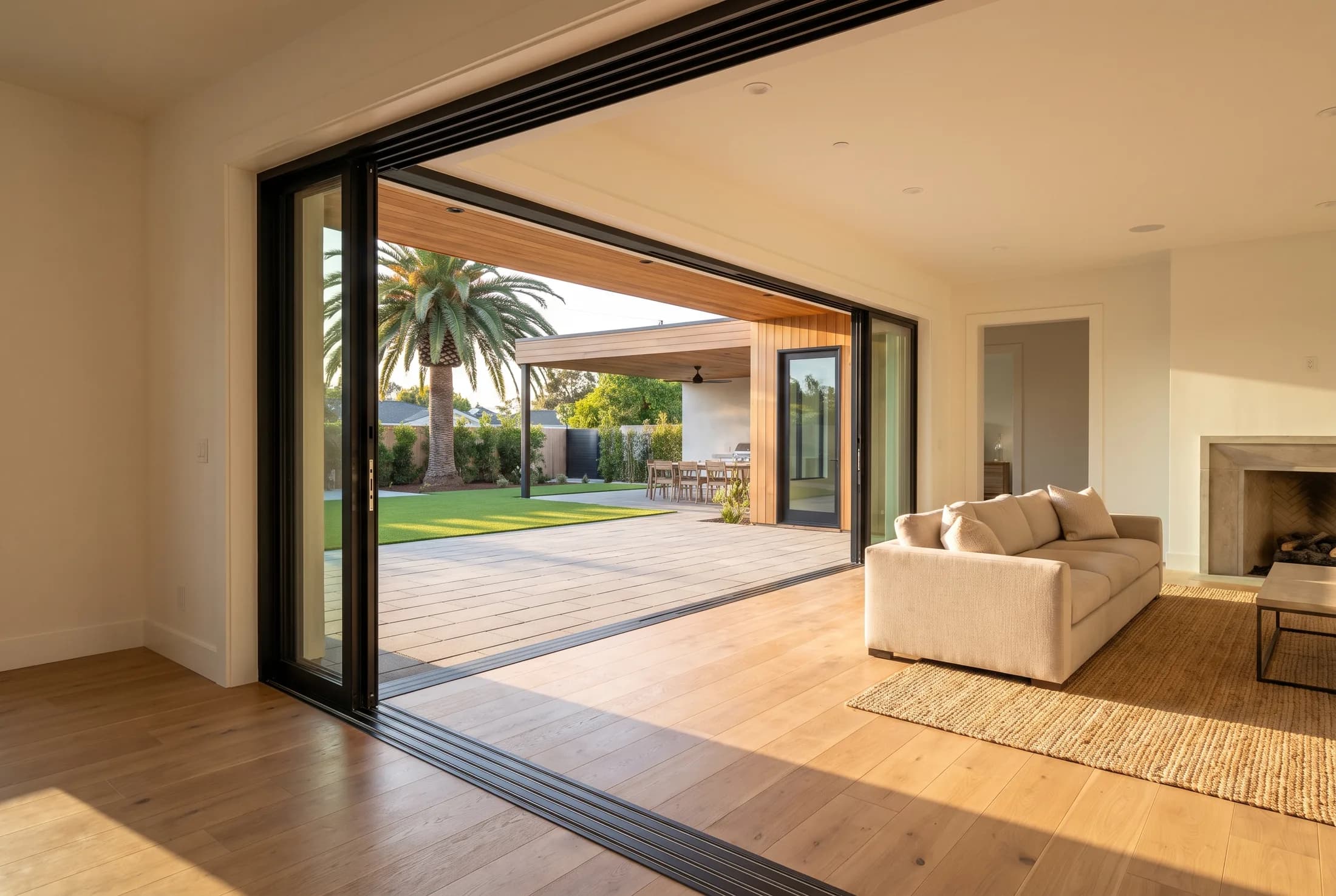 Multi-slide glass door opening a Carlsbad, California living room onto a covered patio
