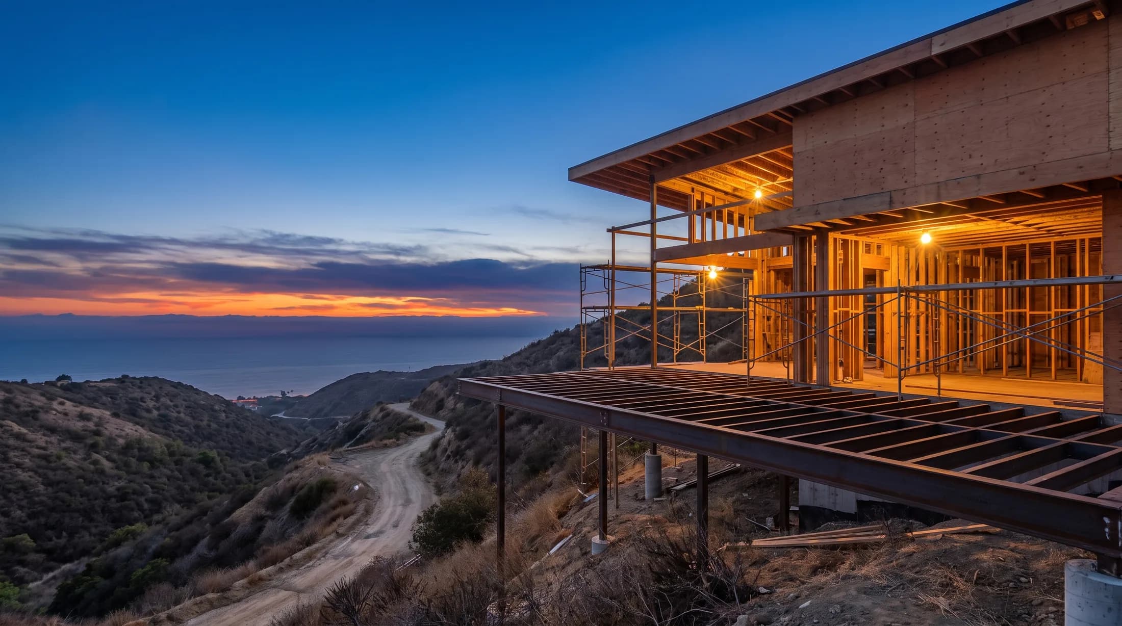 A hillside San Diego County home under construction at dusk above a canyon running down to the Pacific