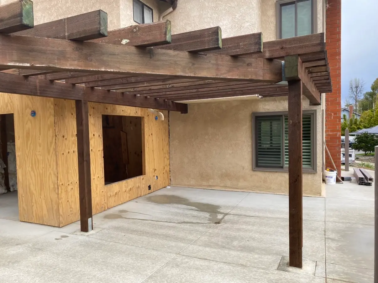 Sheathed addition framing tied into the existing Encinitas home