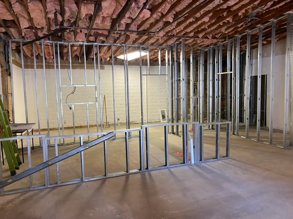Steel stud framing laid out for a commercial coffee shop build-out in Escondido