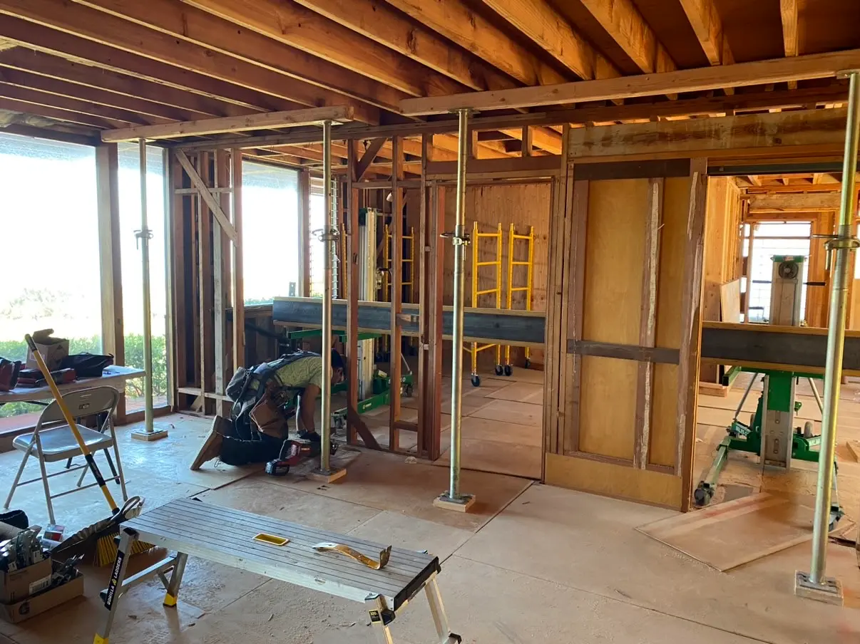 Steel beam and temporary shoring carrying the structure during a La Jolla remodel