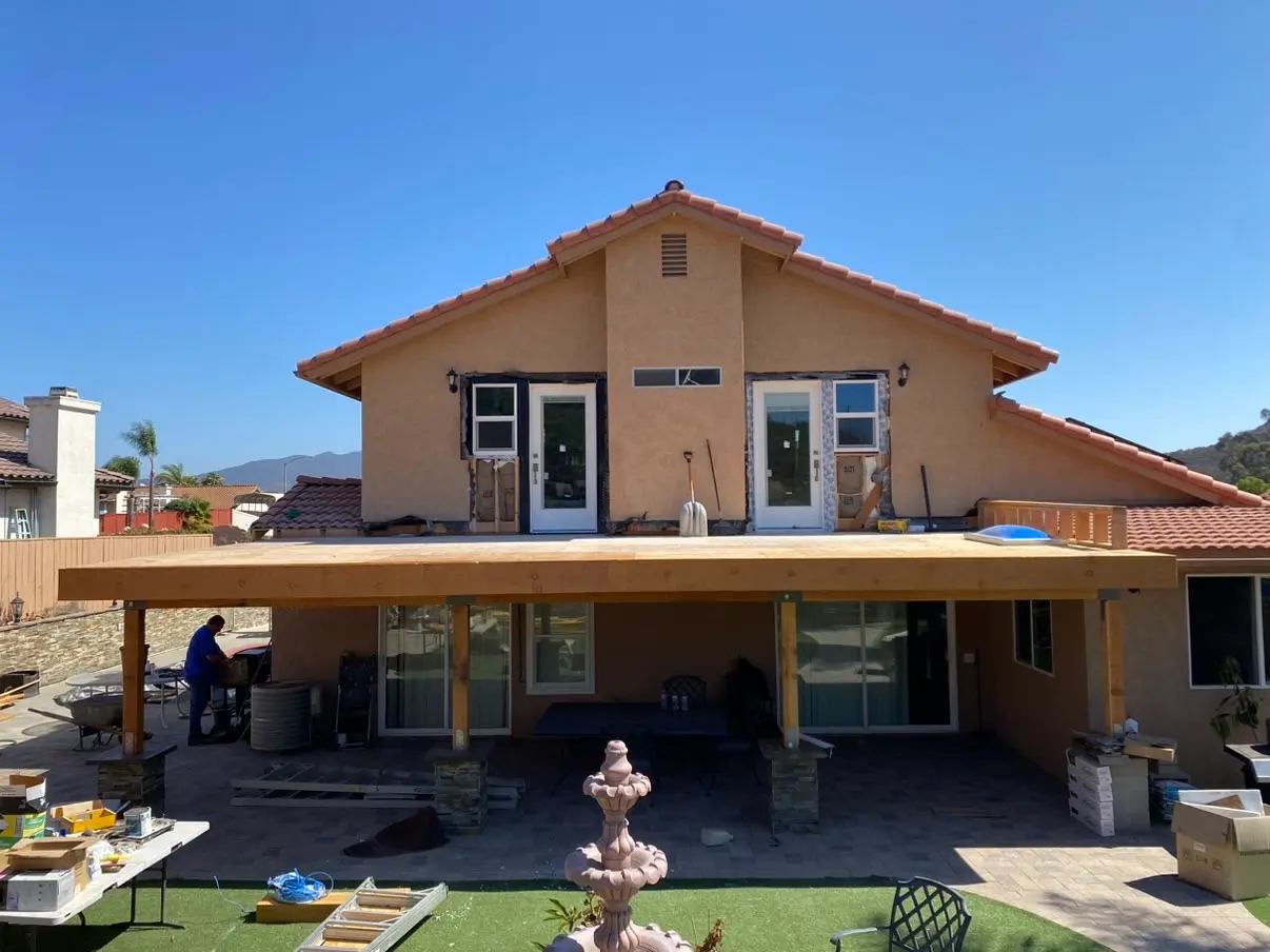 Six hundred square foot covered deck attached to a two-story Rancho San Diego home